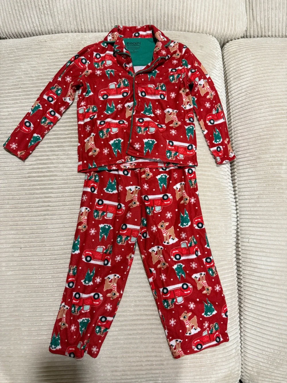 Kids Red Holiday Truck & Reindeer Pajama Set - Cozy Two-Piece